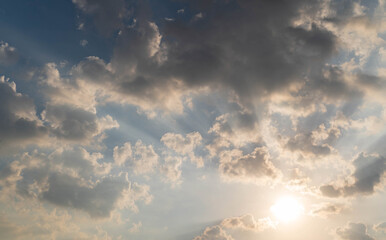 Wall Mural - scene of ray light on sun beam with moving clouds background in nature and travel concept, wide angl