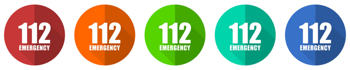 Leinwandbilder - Number emergency 112 icon set, red, blue, green and orange flat design web buttons isolated on white background, vector illustration