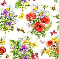 Wall Mural - Summer meadow flowers, grasses, butterflies, honey bee. Seamless floral pattern. Watercolor