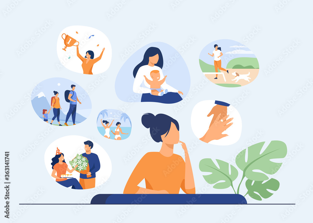 Happy life memories concept. Woman thinking over positive important moments of life experience, child birth, engagement, vacation. Vector illustration for past, personality, achievement topics - obrazy, fototapety, plakaty 