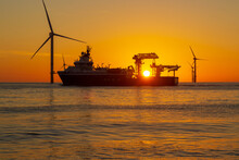 Beautiful Sunset At The North Sea Offshore Wind Farm