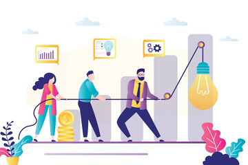Wall Mural - Business team use rope raise idea bulb. Innovation, creativity in business. Office people working together, teamwork and brainstorming