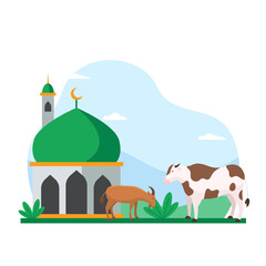 Sticker - Eid Al Adha islamic holiday the sacrifice of livestock animal poster background design. Cow and goat at mosque courtyard for qurban vector illustration