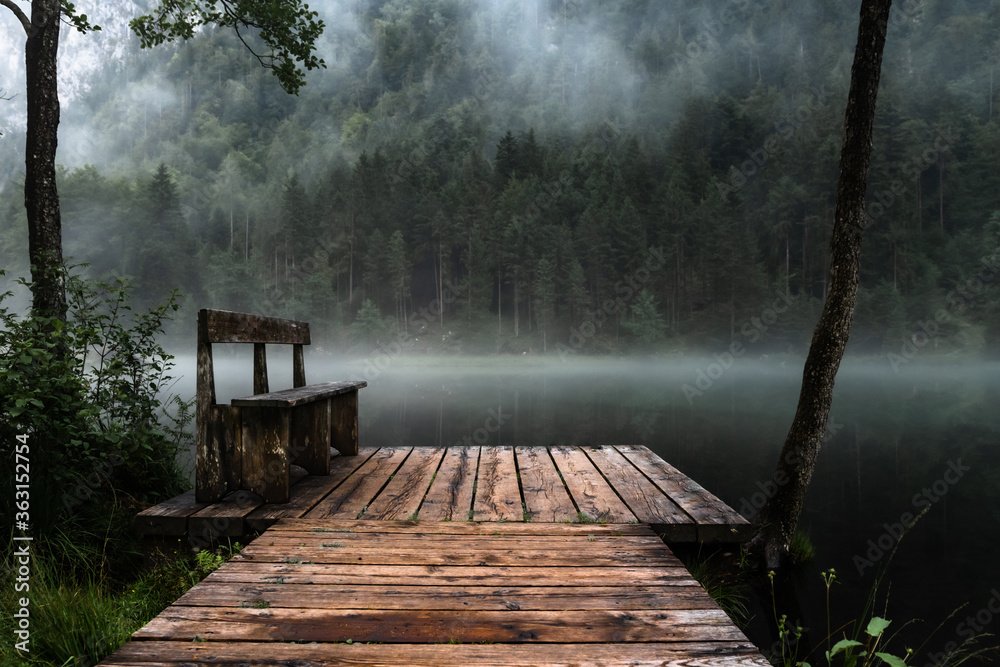 Wooden Footbridge Over Lake In Forest - obrazy, fototapety, plakaty 