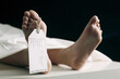 © ImageHit - Toe tag hanging on woman lying on table in morgue