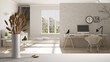 © ArchiVIZ - White table top or shelf with straws, dry plants, ornament, ears, sheaf, branch in vase, over white living room with sofa and workplace, parquet, modern minimal interior design