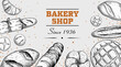 Sketch style bakery poster template. Top view. Bread, buns, loafs, croissant and other bread goods. Hand drawn design for markets and packages. Vector illustration.