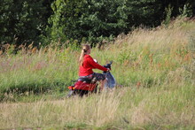 Caucasian Rural Girl In A Red Tracksuit Without A Helmet Rides A Motor Scooter In The Countryside Among The Grass On The Edge Of A Field Near A Forest On A Sunny Autumn Day, Outdoor Active Vacation