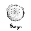 © Sketch Master - Hand drawn sketch style top view of burger. Fast, street food. Cheeseburger with lettuce, tomato, onion and beef cutlet. Retro vintage style drawing. Vector illustration for menu and package designs.