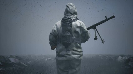 Wall Mural - A soldier in military fatigues, with a machine gun and a gas mask, walks across the battlefield through a strong wind past human bones. Stalker with weapons after a nuclear war on the battlefield.