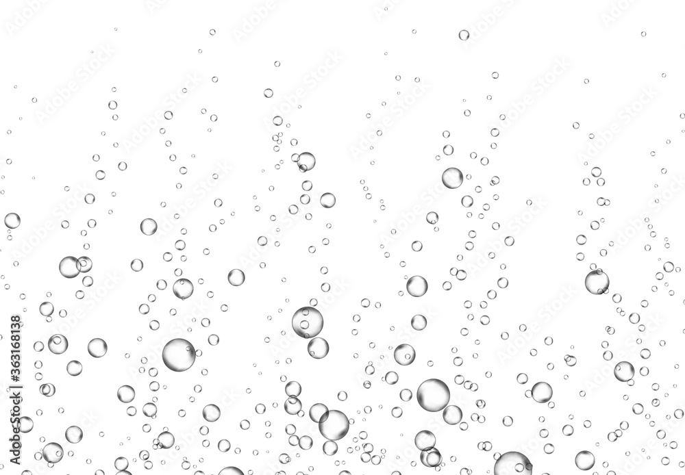 Bubbles underwater texture isolated on white background. Vector fizzy air, gas or oxygen under water. Realistic champagne drink, soda effect template - obrazy, fototapety, plakaty 