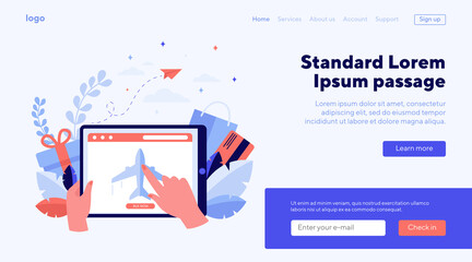 Customer buying plane tickets online. Traveling, screen, flight flat vector illustration. E-commerce and digital technology concept for banner, website design or landing web page