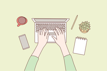 Poster - technology, social media, work, business concept. human character hands using laptop in office for w