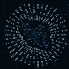 Poster - Iran digital map. Binary rays radiating around glowing country. Internet connections and data exchange design. Vector illustration.