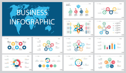 Wall Mural - Colorful analysis or finance concept infographic charts set. Business design elements for presentation slide templates. For corporate report, advertising, leaflet layout and poster design.