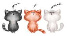 Cute Three Cats Singing You Are So Mewable. Hand Drawn Cats Illustration