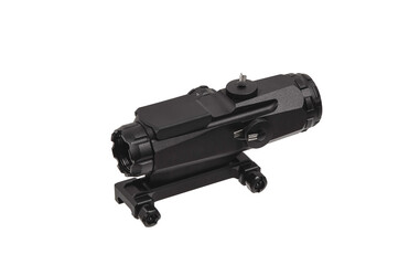 modern black optical scope for weapon isolated on whited. sight scope isolated on white back.