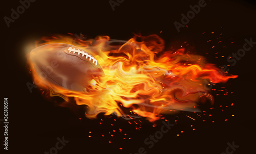 Cuadros en Lienzo Rugby ball with bright flame flying on black background