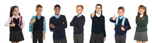Children In School Uniforms On White Background. Banner Design