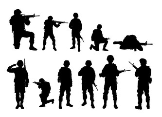 Wall Mural - Collage with silhouettes of soldiers on white background. Military service