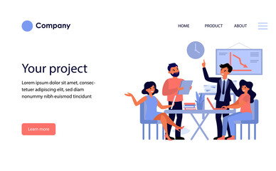 Poster - Business team discussing project. Office colleagues with gadgets meeting together and talking flat vector illustration. Cooperation, teamwork concept for banner, website design or landing web page