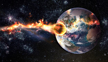Comet, Asteroid, Meteorite Glows, Attacks, Enters Falls Attacks The Earth's Atmosphere. End Of The World. Collision Of Asteroid With The Planet Earth. Elements Of This Image Furnished By NASA.