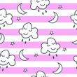 A hand-drawn seamless pattern with cute clouds, smiles, stars.