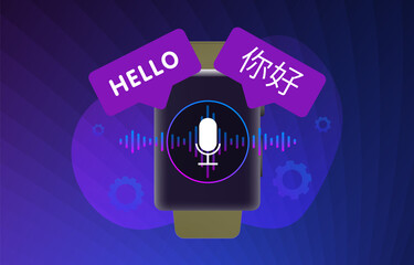 Poster - Portable Digital Language Translator vector illustration concept. Electronic device for online translation using sound voice recognition service. English to Chinese translation of the word 