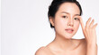 © kitthanes  - Close up Beautiful Young asian Woman touching her clean face with fresh Healthy Skin, on white background, Beauty Cosmetics and Facial treatment Concept