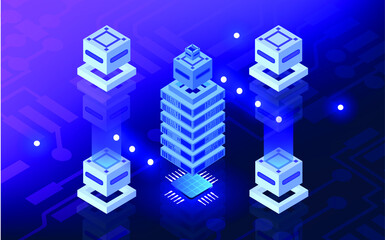 Hosting server in isometric view. Blockchain technology. Digital internet technology and communication. Host server banner in isometric view. Vector banner