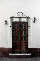 Poster - Vertical picture of a wooden vintage door with beautiful black cage