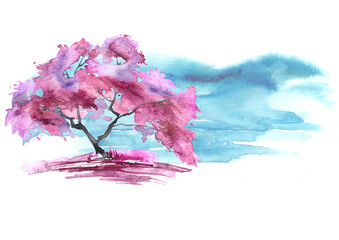 Watercolor vintage bush, a tree. pink, red silhouette of trees. illustration. Watercolor cherry blossom. Hand draw cherry blossom sakura branch and flowers. landscape, forest. card, invitation