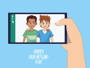 Poster - happy friendship day celebration with boys couple in smartphone