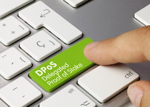 DPoS Delegated Proof Of Stake - Inscription On Green Keyboard Key.