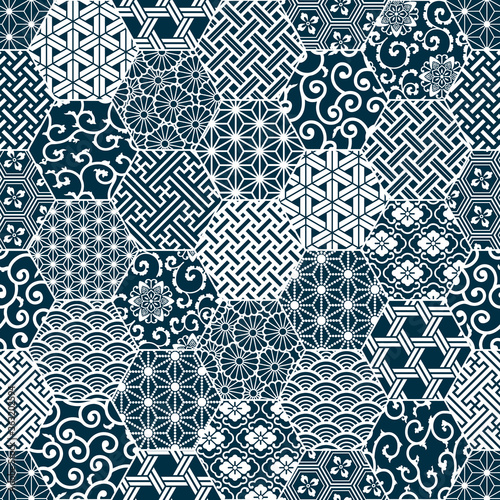 Dekoracja na wymiar  japonski-tradycyjny-styl-tkanina-patchwork-tapeta-abstrakcyjny-kwiatowy-wektor-bezszwowy-wzor