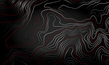 The Stylized Height Of The Topographic Contour In Lines And Contours. The Concept Of A Conditional Geography Scheme And The Terrain Path. Wide. Red & Gray Stripes On A Dark Bg. Vector Illustration.