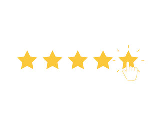 five yellow stars with clicking hand. quality rank set. best choice illustration. hand touching last