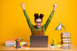 © deagreez - Portrait of her she attractive cheerful cheery skilled girl geek programmer working remotely rising hands up a-mark academic progress isolated bright vivid shine vibrant yellow color background