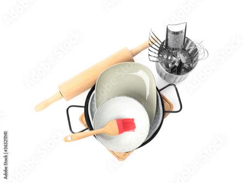 Cuadros en Lienzo Set of different cooking utensils and dishes on white background, top view