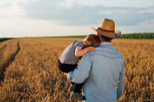 Farmer And His Grandson Walking Fields Of Wheat
