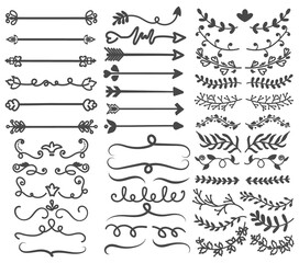 Wall Mural - Large collection of black and white ornaments for design elements with curlicues, leaves, arrows and frames, vector illustration