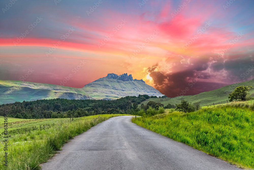 Winding road in the Drakensberg mountains in Kwazulu Natal South Africa ...