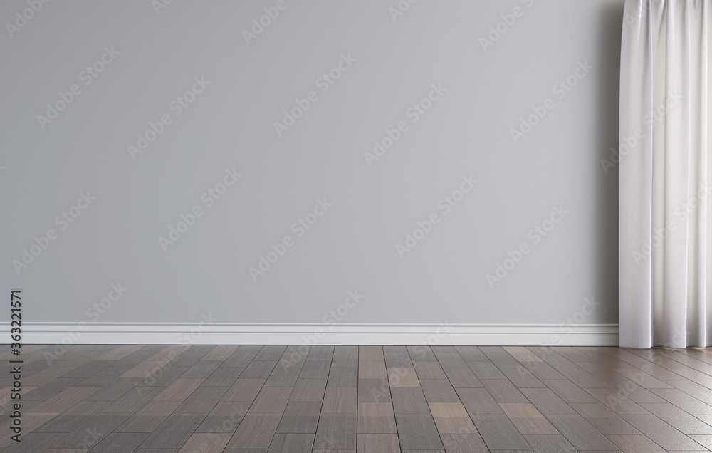Empty room with a curtain and grey wall for mockup. 3D render. 3D image. - obrazy, fototapety, plakaty 