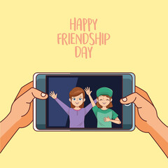 Poster - happy friendship day celebration with girls couple in smartphone