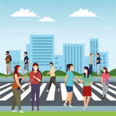 Poster - group of young people wearing medical masks on the road