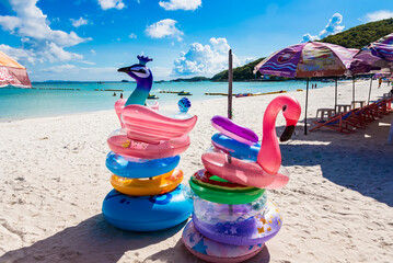 Chon Buri, Thailand - June, 27, 2020 : fancy swim tube on the beach Inflatable duck.Fantasy Swim Ring for Summer sea Trip on the Tawaen Beach on Koh Lan island