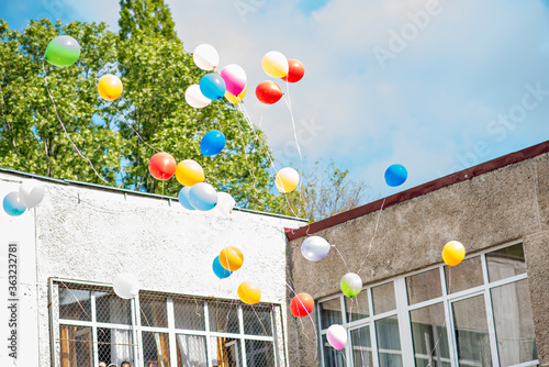 Many bright multi-colored balloons soar into the blue sky. Decoration of holidays, birthdays, events. Environmental pollution of nature. Waste Plastic Ballon Chinese Lantern in Tree. ecology problem