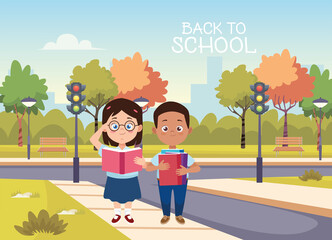 Poster - little students with uniforms in the street characters