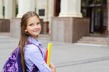 Back to school. Education concept. Cute smiling schoolgirl on the way to the school. Happy little girl child holding the books