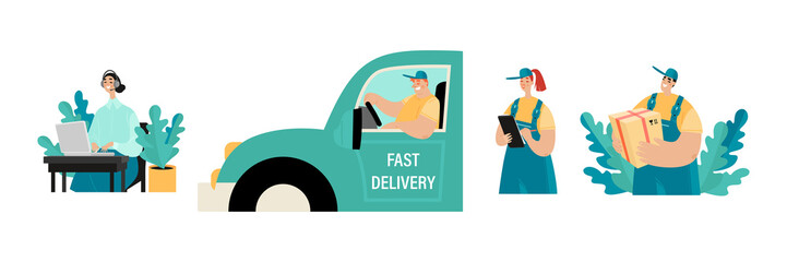 Set of vector illustrations of a delivery service with a call center operator and people in uniform driving and carrying cardboard boxes.